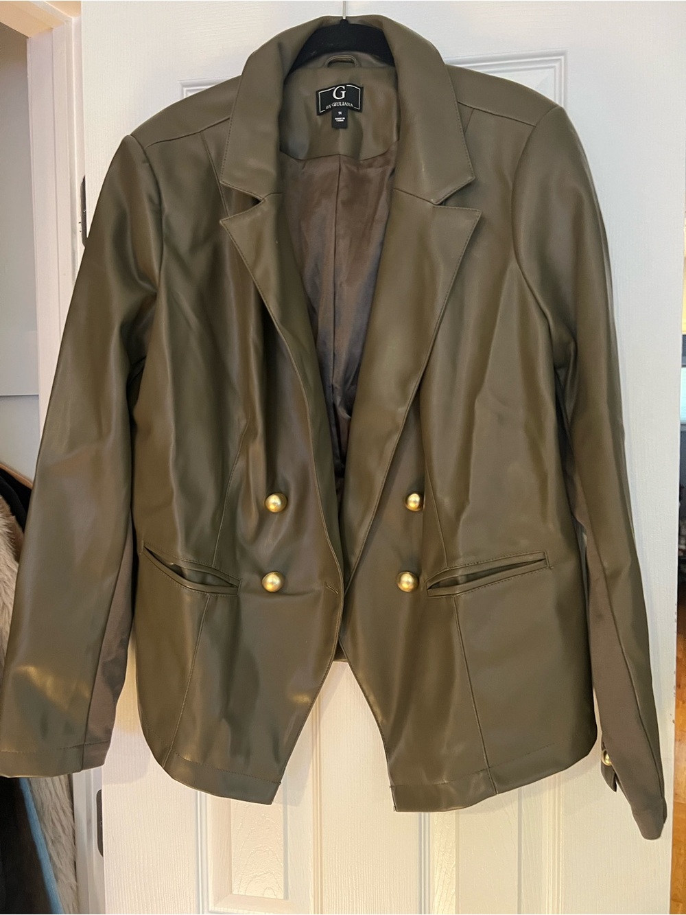 G by Giuliana Olive Green Faux Leather Double-Breasted Blazer